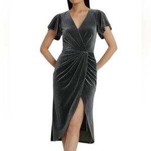 Lauren Ralph Lauren NWT Blk Label Velvet Dark Gray Faux Wrap Midi Dress Sz 8